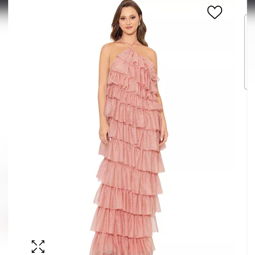 Betsy & Adam Halter Neckline Tiered Tulle Ruffle Gown